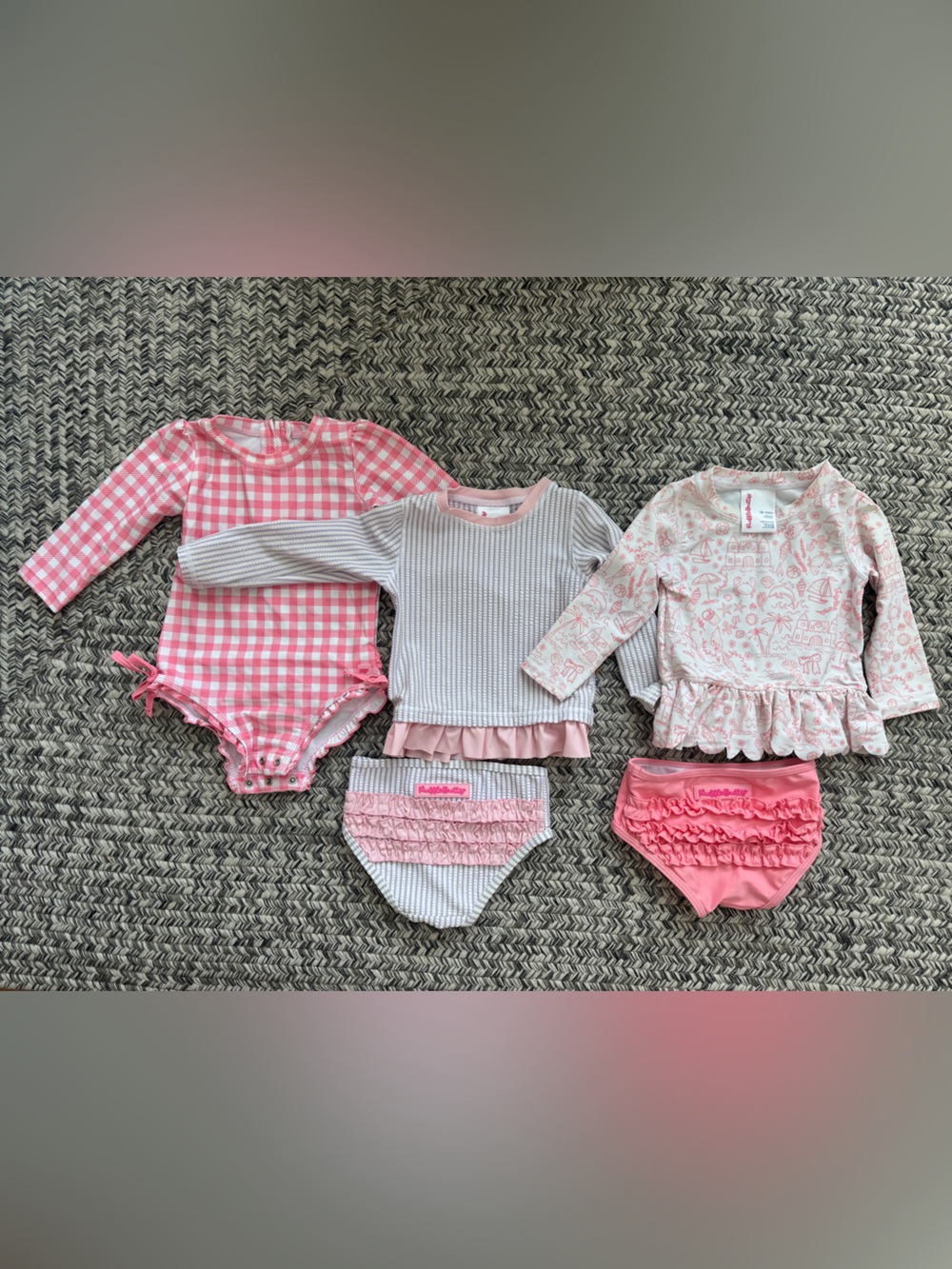 Ruffle Butts Pink and White Girls Rashguard Swim Set